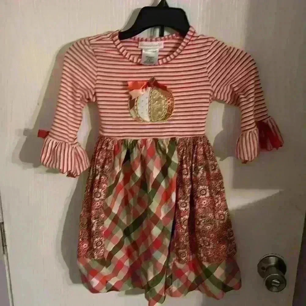 Bonnie Jean Girls' Fall Dress Plaid Pumpkin Embroidered size 5